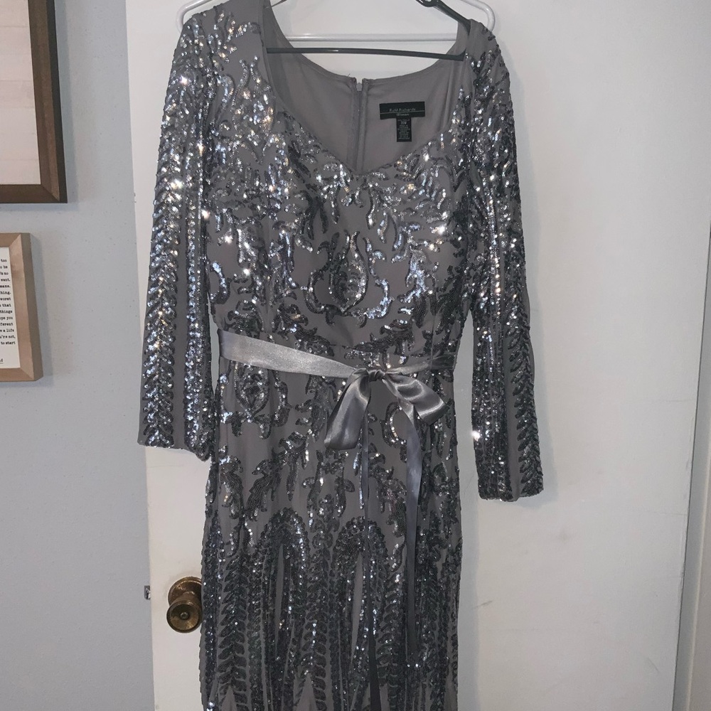 R&M Richards Silver Sequin Long Sleeve Dress